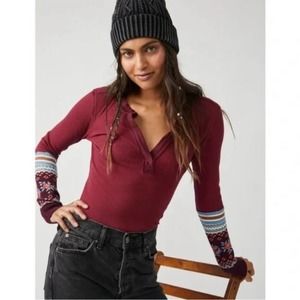 FREE PEOPLE NWT Mikah Layering Thermal Cuffed Long Sleeve, Wine Colored X-LARGE